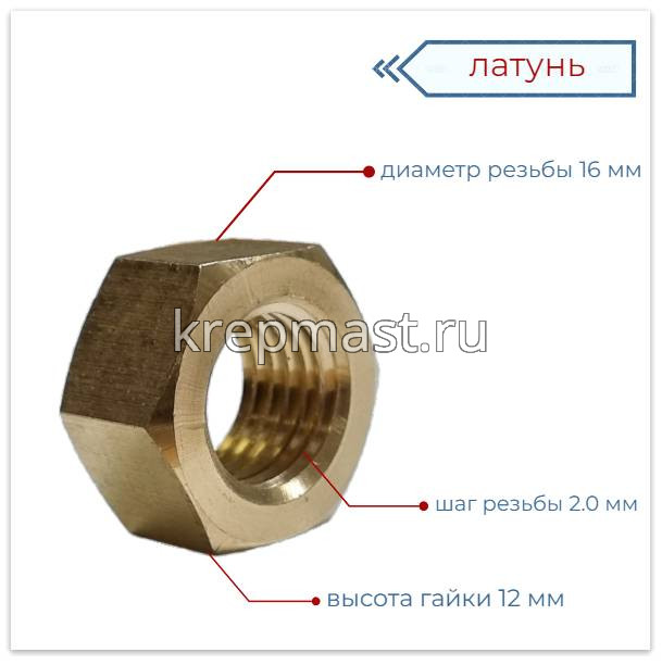 Гайка 6-гр. М 16 (2,0) латунь DIN 934